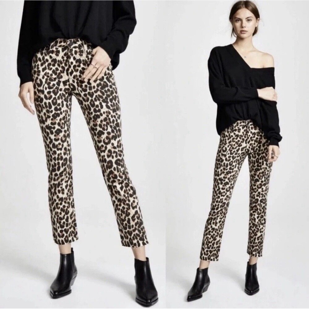 Paige Hoxton Straight Ankle Jeans Sz 27 Animal Leopard Print Raw Frayed Hems